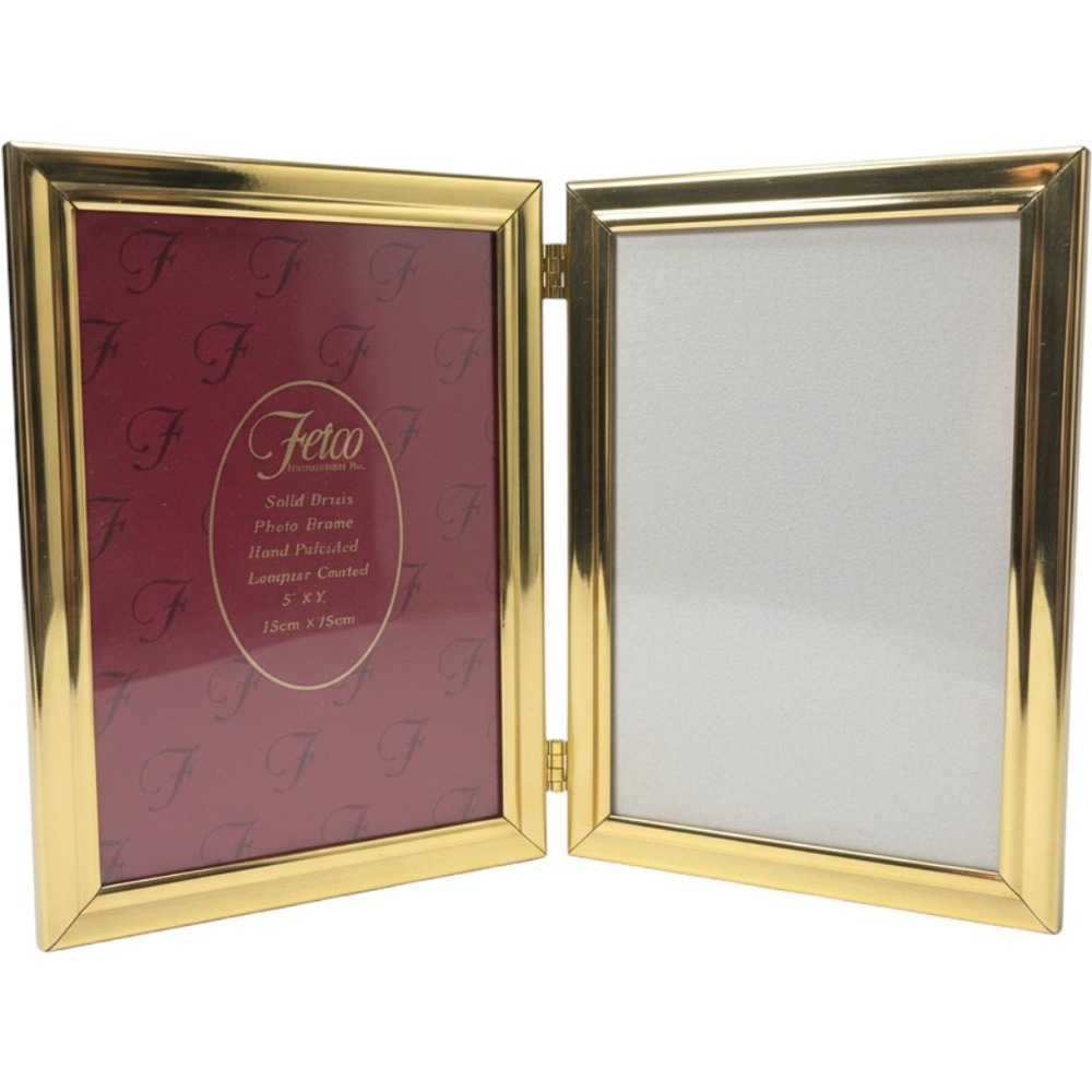 Fetco Solid Brass Double Photo Frame 5x7 Hinged Gold Hand Polished Lacquer Frame